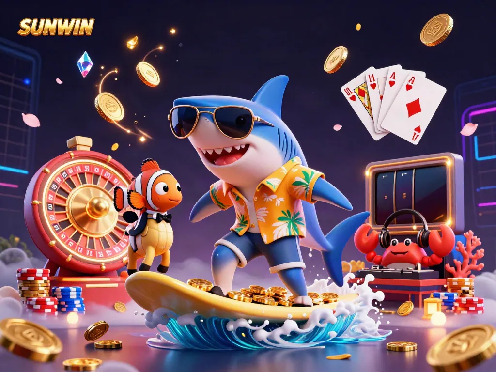SUNWIN offers a vibrant casino illustration featuring a hammer-head shark surfing on gold coins surrounded by casino elements.