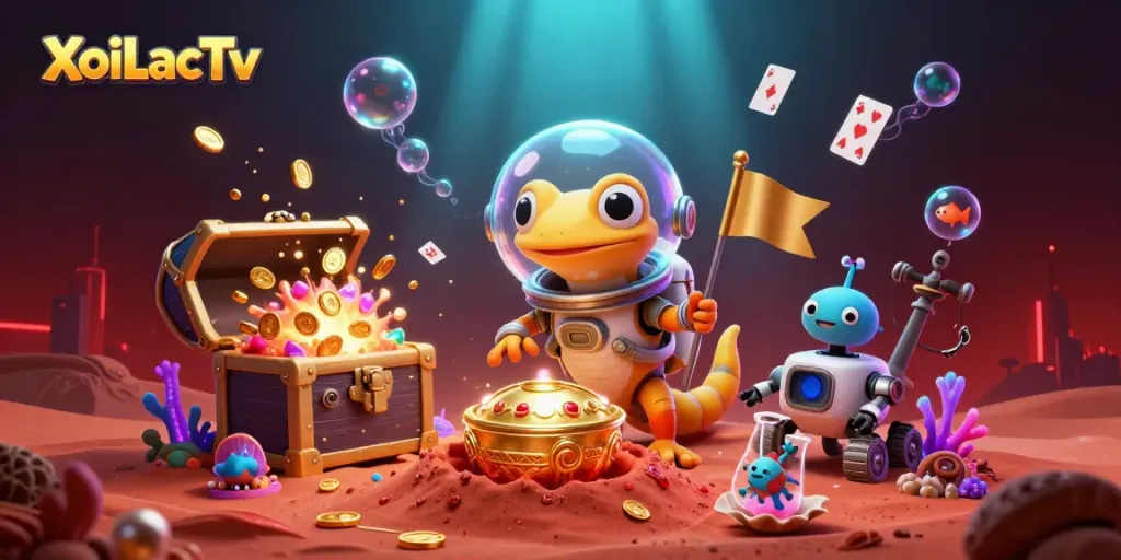 XoiLacTv showcases a vibrant scene with a Martian gecko, a robot, and cheering bacteria in a golden casino.