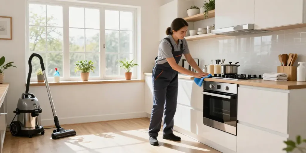 Home cleaning melbourne: professional cleaner scrubbing kitchen surfaces in a bright, organized home environment.