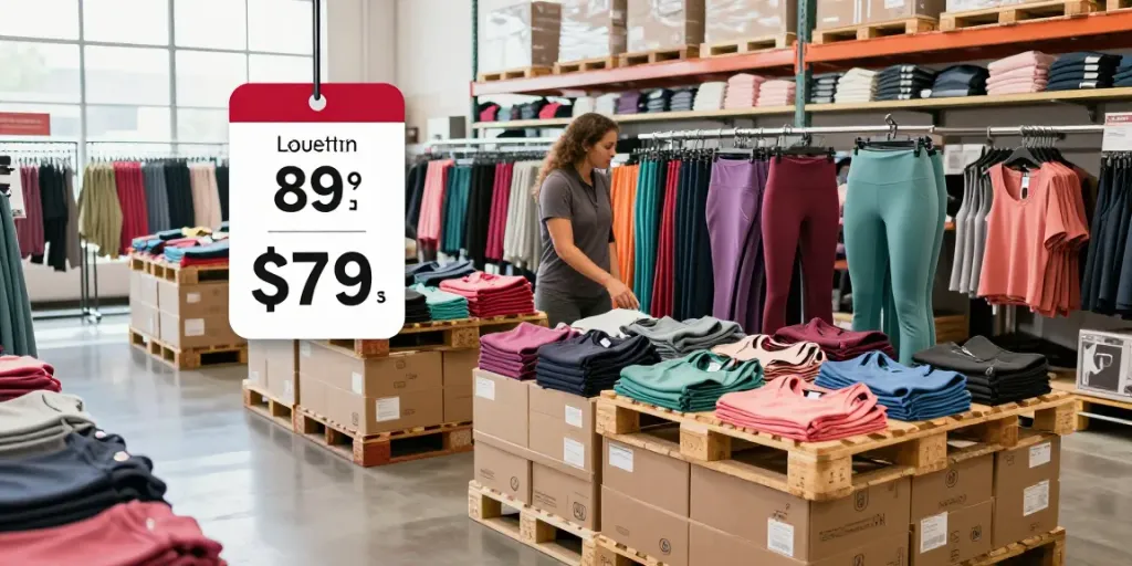 Lululemon liquidation pallets featuring assorted athletic wear in a bright retail environment.