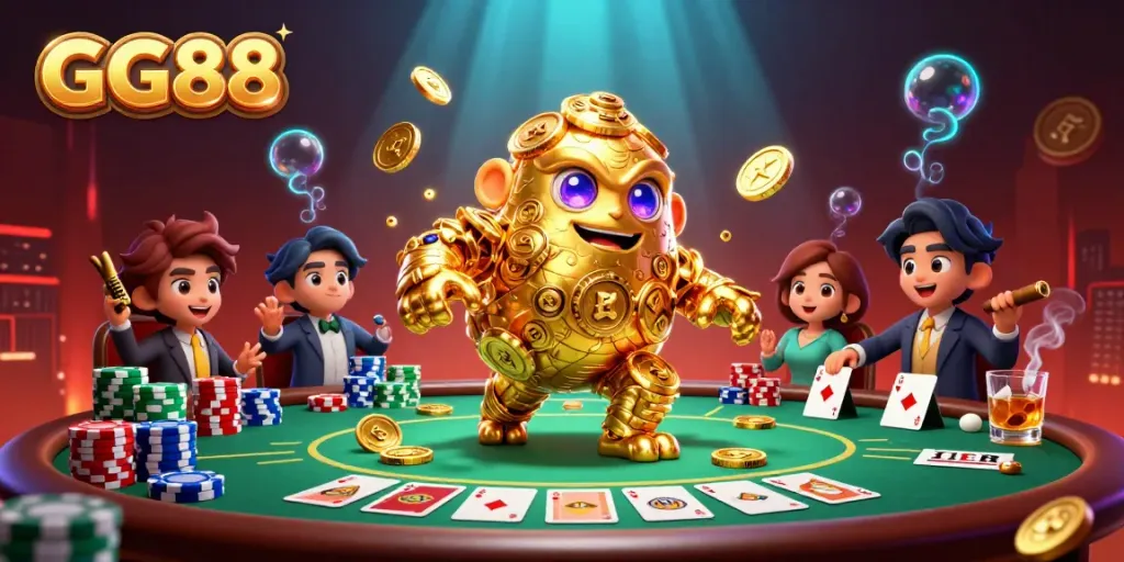 Engage in thrilling gameplay at GG88, featuring a golden golem, poker chips, and vibrant casino elements.