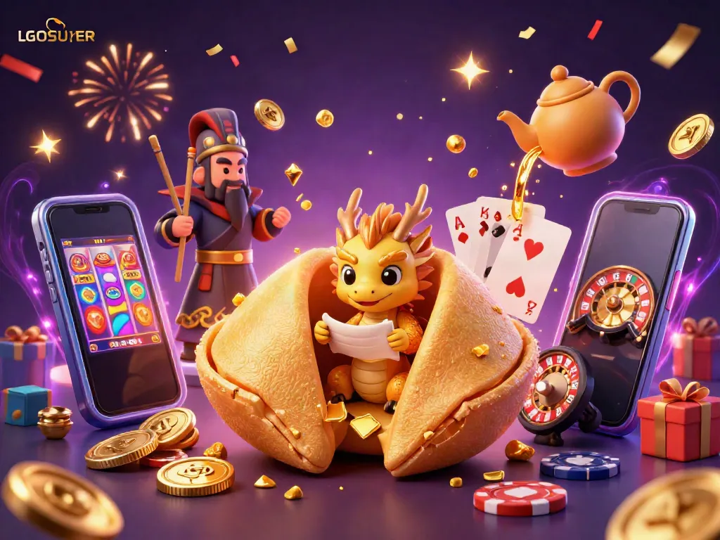 Experience casino magic with LGOSUPER featuring a golden fortune cookie scene filled with gaming excitement.
