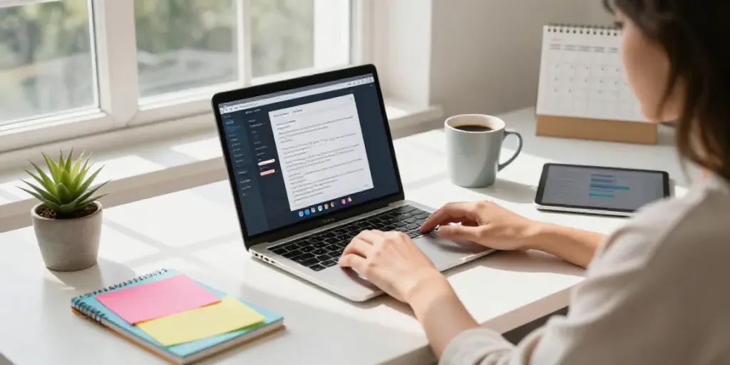 Freelance writer utilizing AI content generation for freelance writers in a modern workspace.