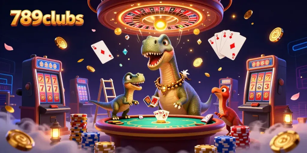 Experience thrilling gameplay at 789clubs featuring a giant brontosaurus above a bustling casino.