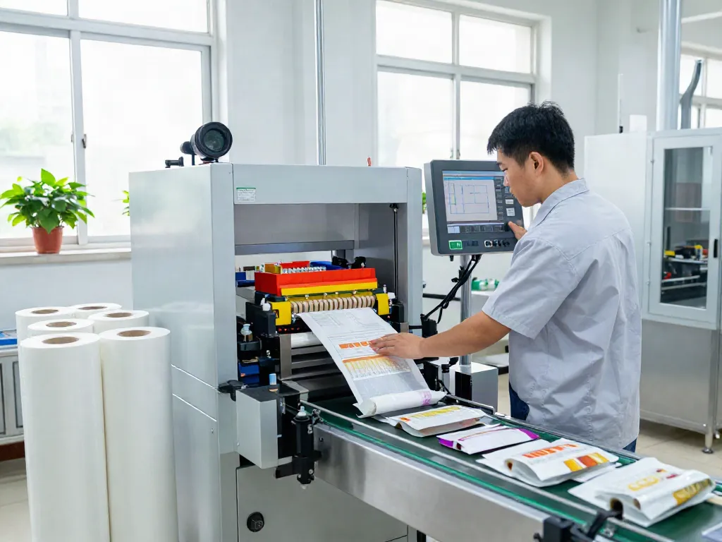 Packaging machinery supplier demonstrating advanced open-mouth bagging systems in a high-tech manufacturing environment.