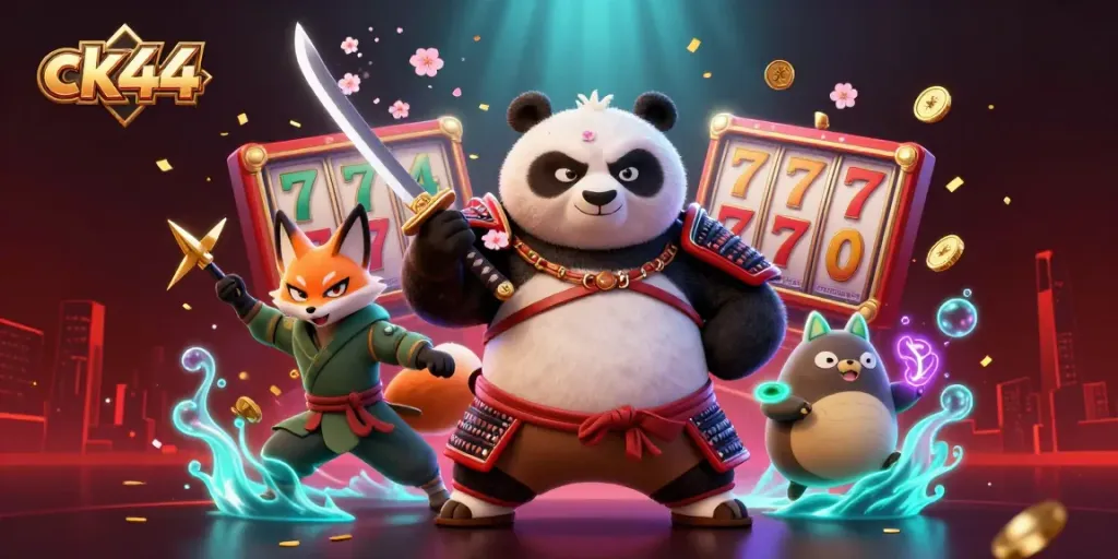 Experience the thrilling slot action of ck44 with dynamic characters in a vibrant casino scene