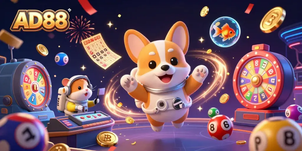 AD88 offers an exciting gaming experience in a vibrant casino setting with floating characters and lottery elements.