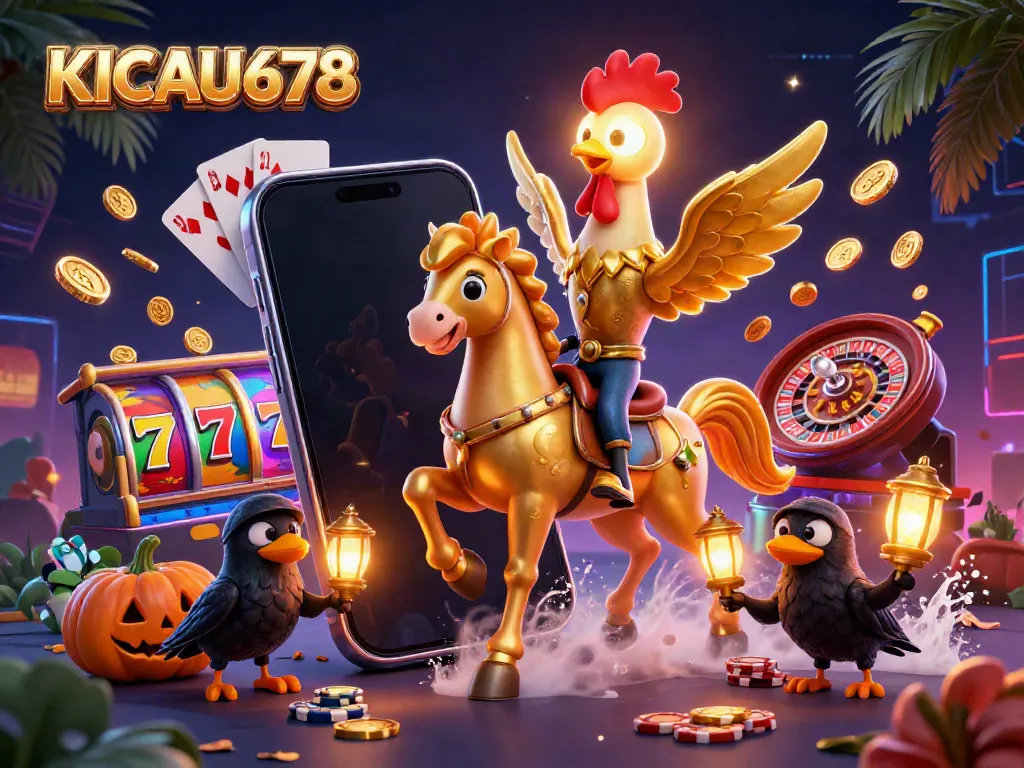 Experience KICAU678 gaming excitement with a golden rooster riding through a vibrant midnight casino scene.