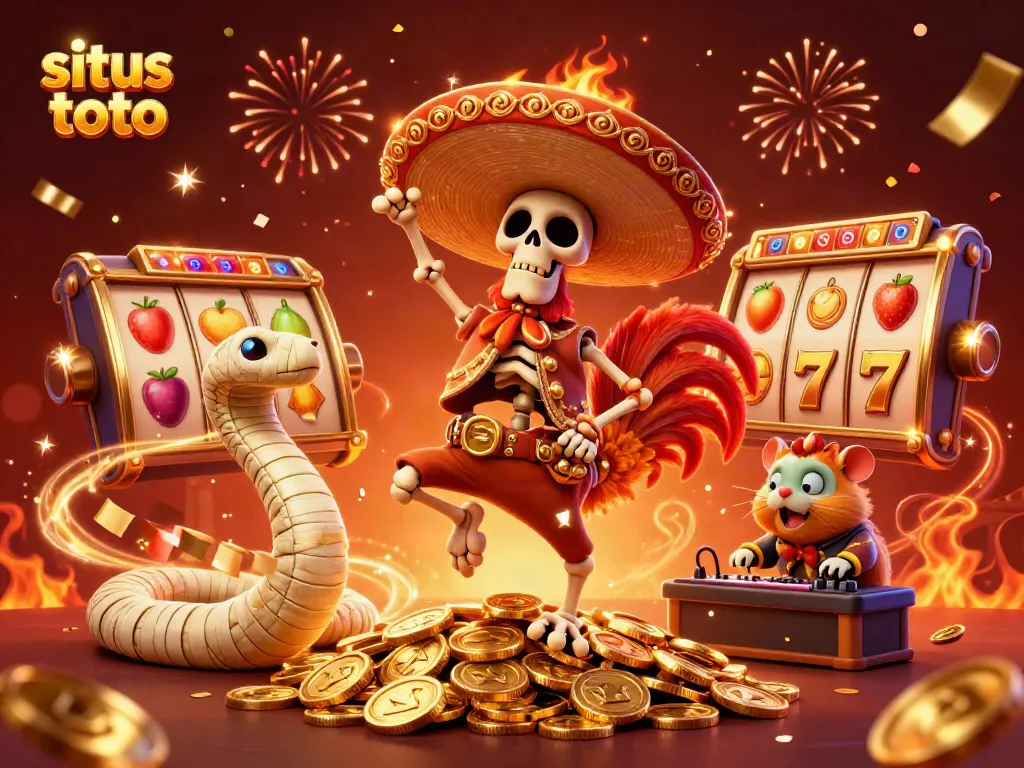 Engage with situs toto through a vibrant 3D casino scene featuring a jubilant rooster and dynamic elements.