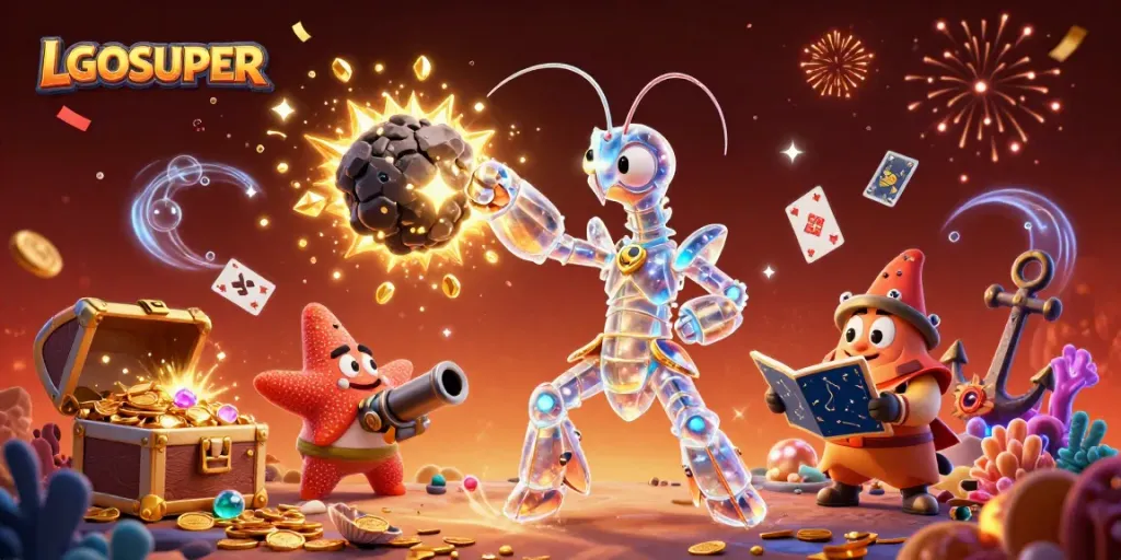 Experience thrilling gameplay with LGOSUPER's dynamic 3D casino adventure featuring vibrant gems and festive confetti.