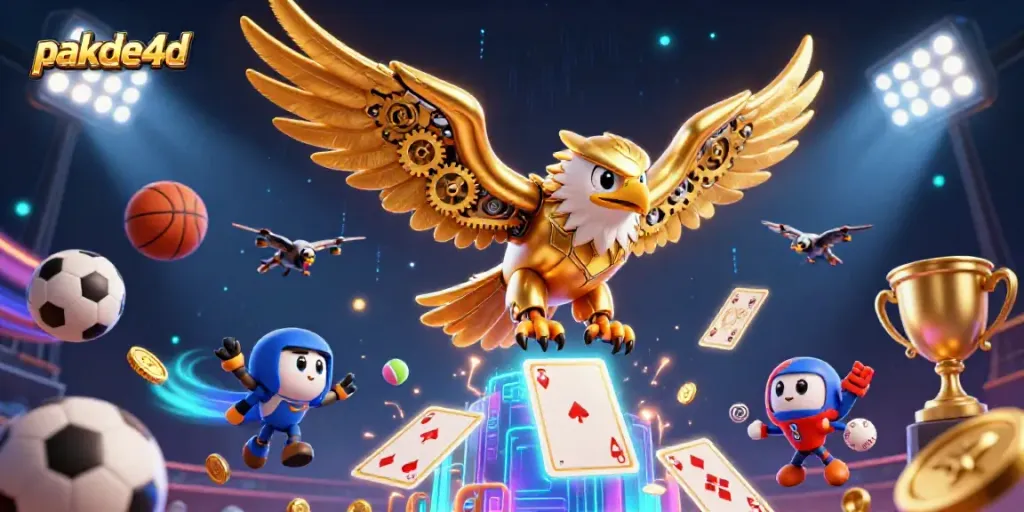 pakde4d menghadirkan pengalaman bertaruh yang menarik dengan ilustrasi 3D burung elang emas cybernetik dan kartu permainan holografis.