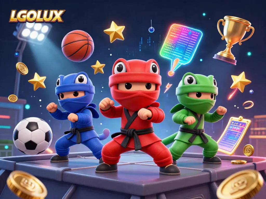 Team of ninja chameleons showcasing thrilling martial arts with dynamic sports betting elements for LGOLUX.
