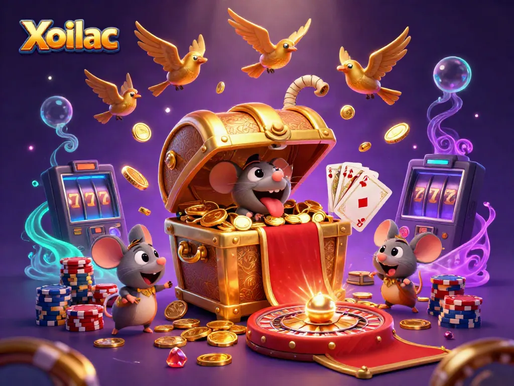 Experience high-stakes gaming with Xoilac's vibrant treasure chest and dynamic casino elements.