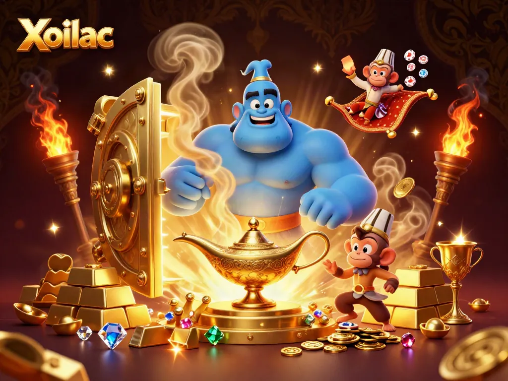 Xoilac captures the excitement of casino gaming with a genie, monkey, and poker chips amidst treasure.