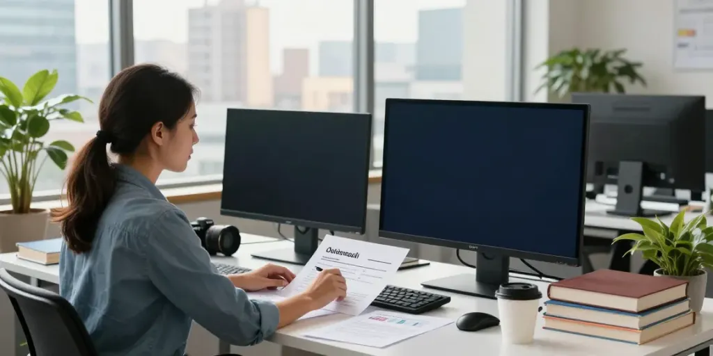 SEO specialist working on a broken link building service analysis in a vibrant office.