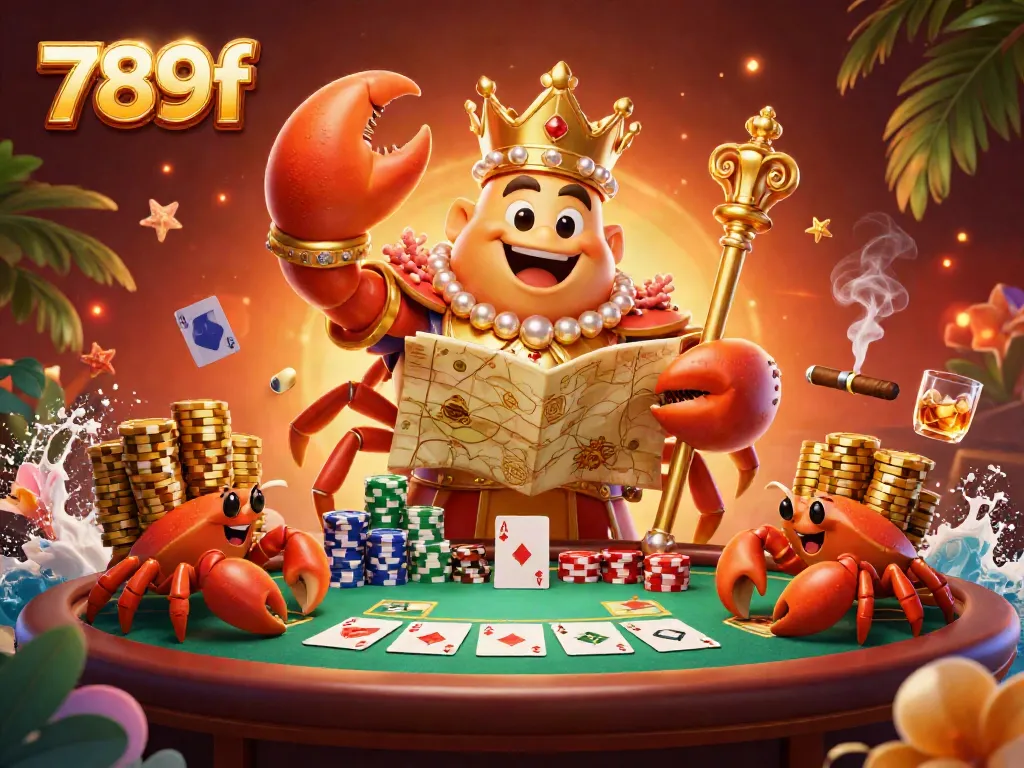 Engage with 789f's exciting poker scene featuring a crab emperor, vibrant chips, and dynamic gameplay.