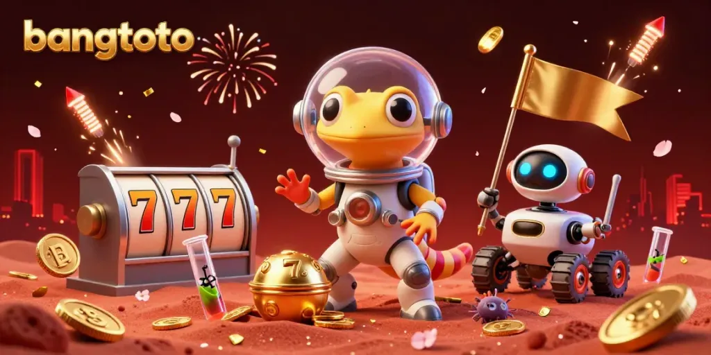 Engage with bangtoto's vibrant 3D illustration showcasing a Martian gecko uncovering a golden casino in a thrilling atmosphere.