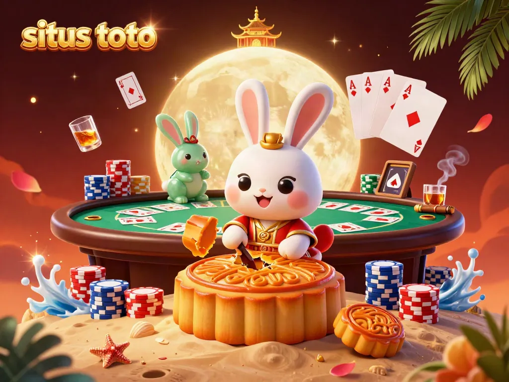 Engage in situs toto gaming with a whimsical moon rabbit, poker chips, and vibrant casino elements.