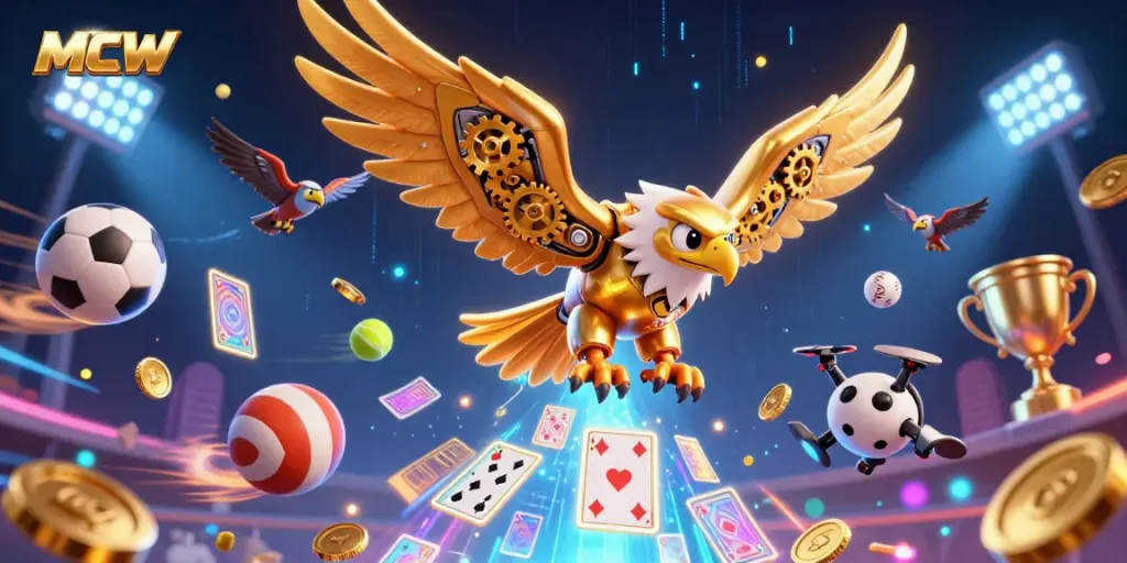 Experience the dynamic world of MCW with a cybernetic eagle flying through glowing playing cards, representing online gaming.