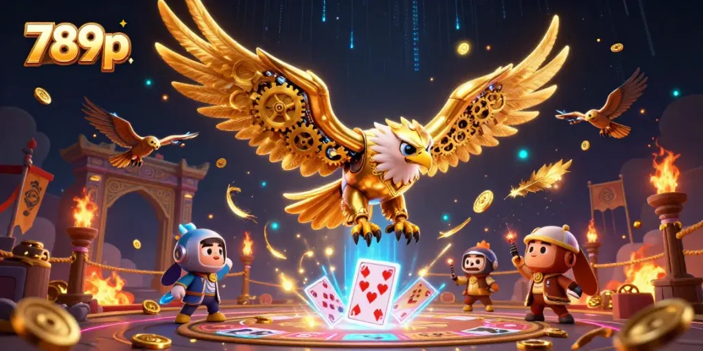 Immerse in the action of 789p gaming with a dazzling illustration of a cybernetic eagle and holographic cards.