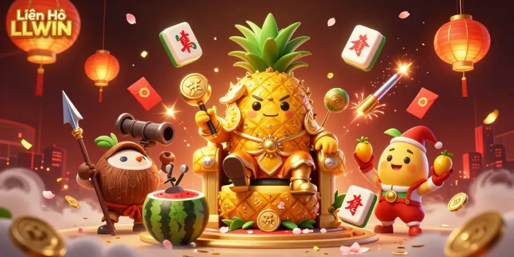 Engage with Liên Hệ LLWIN in an exciting 3D casino scene featuring a golden pineapple king on his throne.