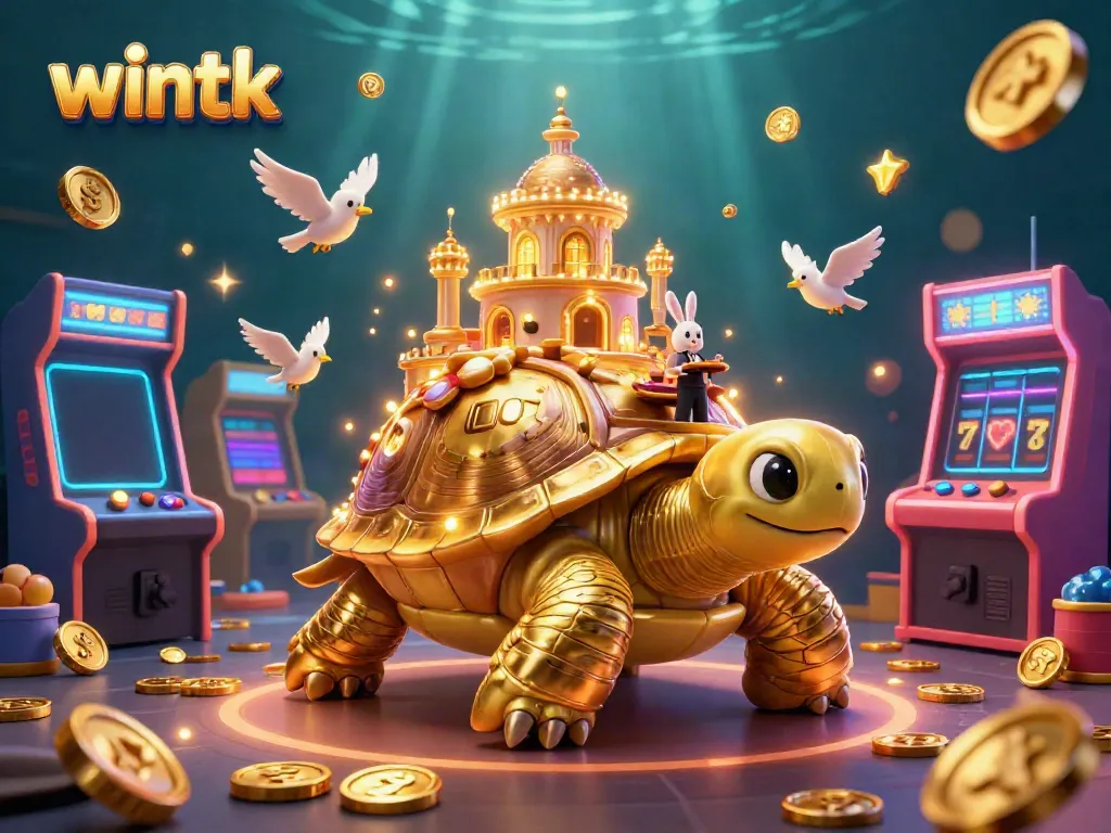 Experience the excitement of wintk with our vibrant 3D casino illustration showcasing games and glimmering coins.