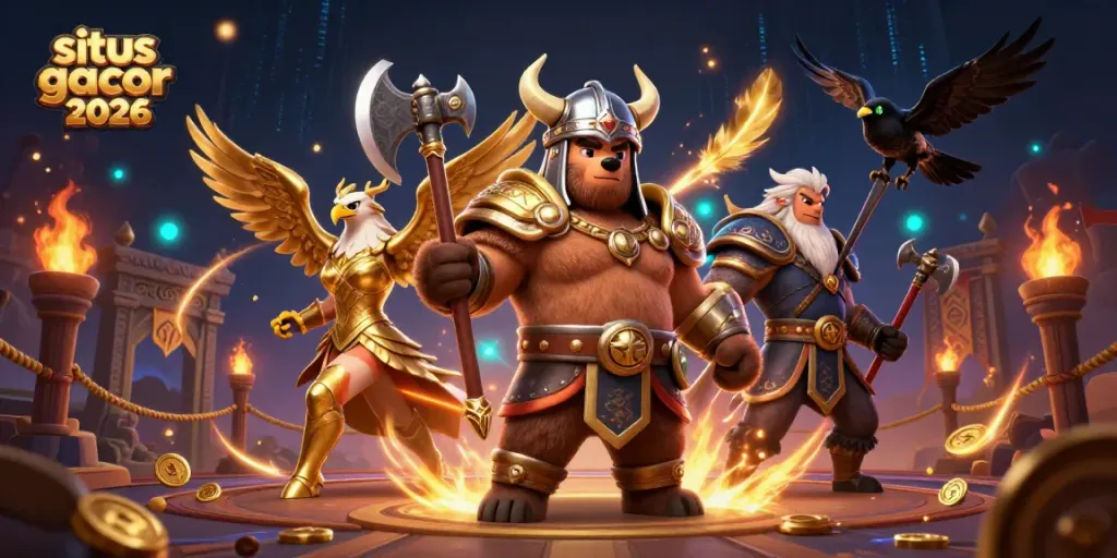 Ilustrasi 3D situs gacor 2026 dengan karakter Viking, elang Valkyrie, dan elemen kasino