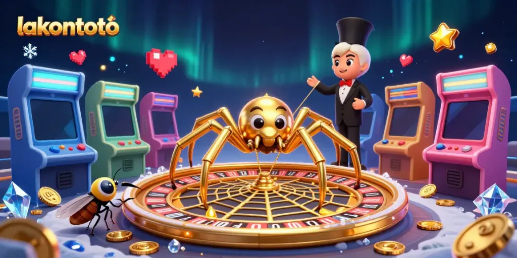 Permainan lotere lakontoto dengan laba-laba emas yang berputar di roda roulette mengundang pemain untuk bertaruh.