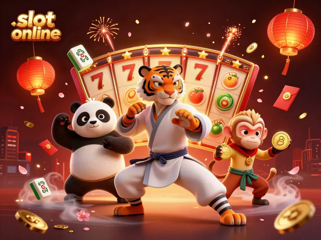 Engage with vibrant slot online gameplay featuring a kung fu tiger and friends in a dynamic 3D scene.