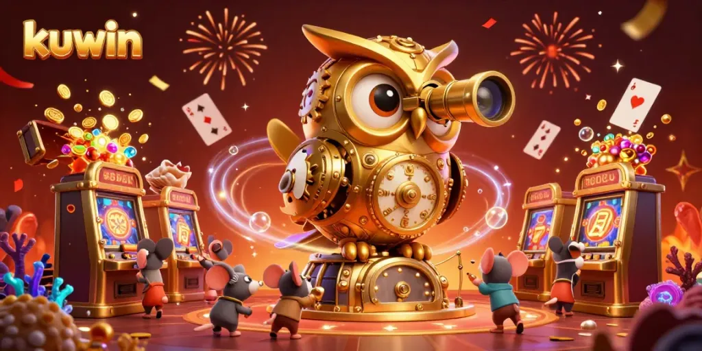 Experience excitement at kuwin casino with a golden owl and charming mice amid a vibrant gaming scene.