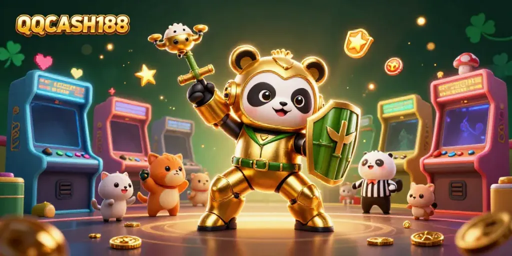 Experience the excitement of QQCASH188 with a 3D panda hero in a colorful digital casino arena.