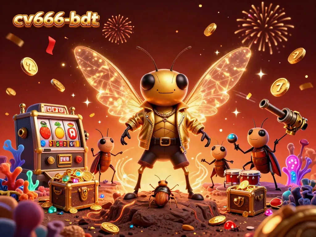 Experience thrilling wins with cv666-bdt, illustrated in a vibrant casino scene featuring lucky symbols and celebratory elements.