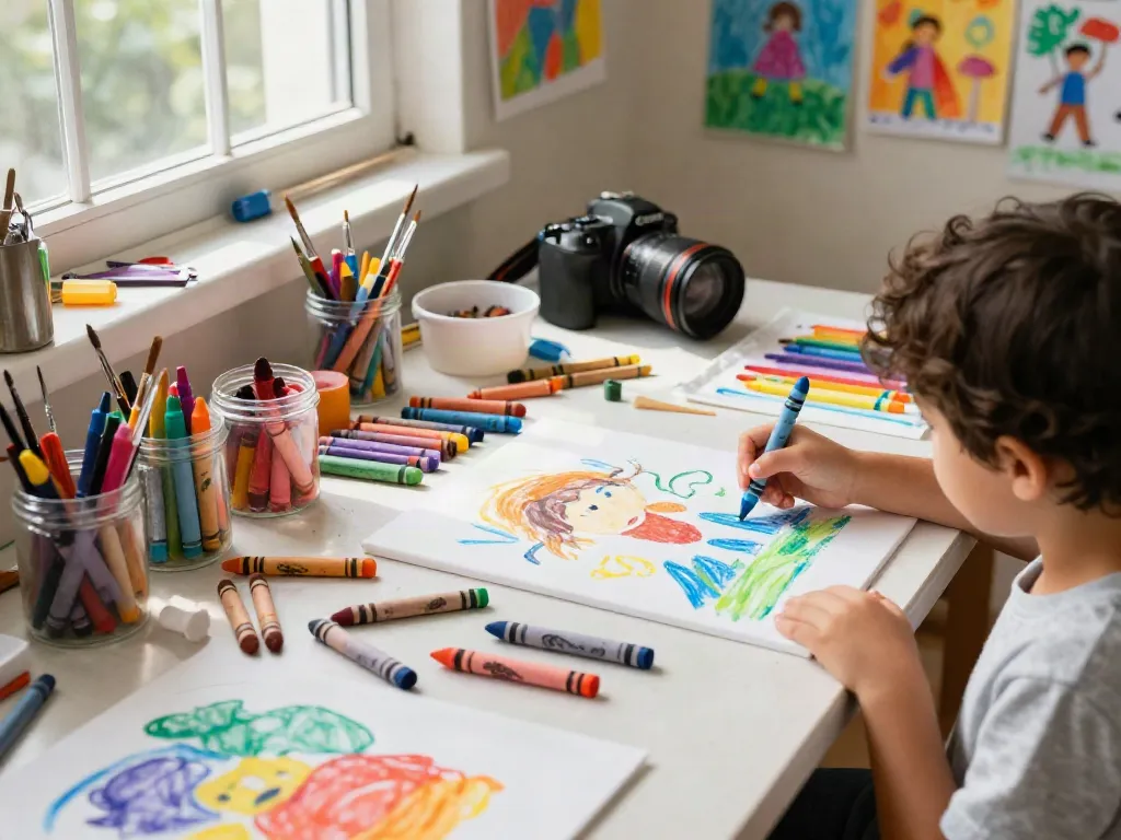 Creative artist using diverse crayons by crayon manufacturers to create vibrant artwork in a bright studio.