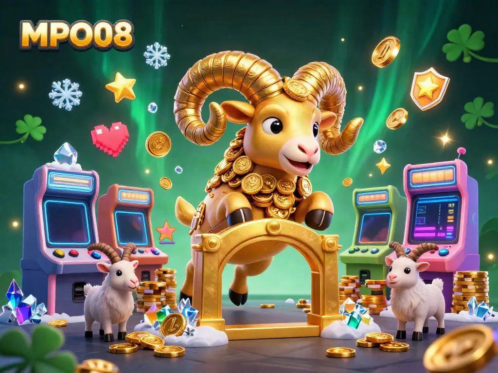 MPO08 showcases an energetic scene with a golden ram charging at a gate, surrounded by arcade machines and shimmering gems, perfect for players.