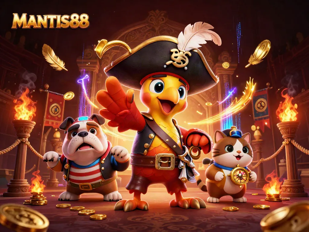 MANTIS88 showcases an adventurous 3D pirate-themed online casino scene packed with colorful game elements.