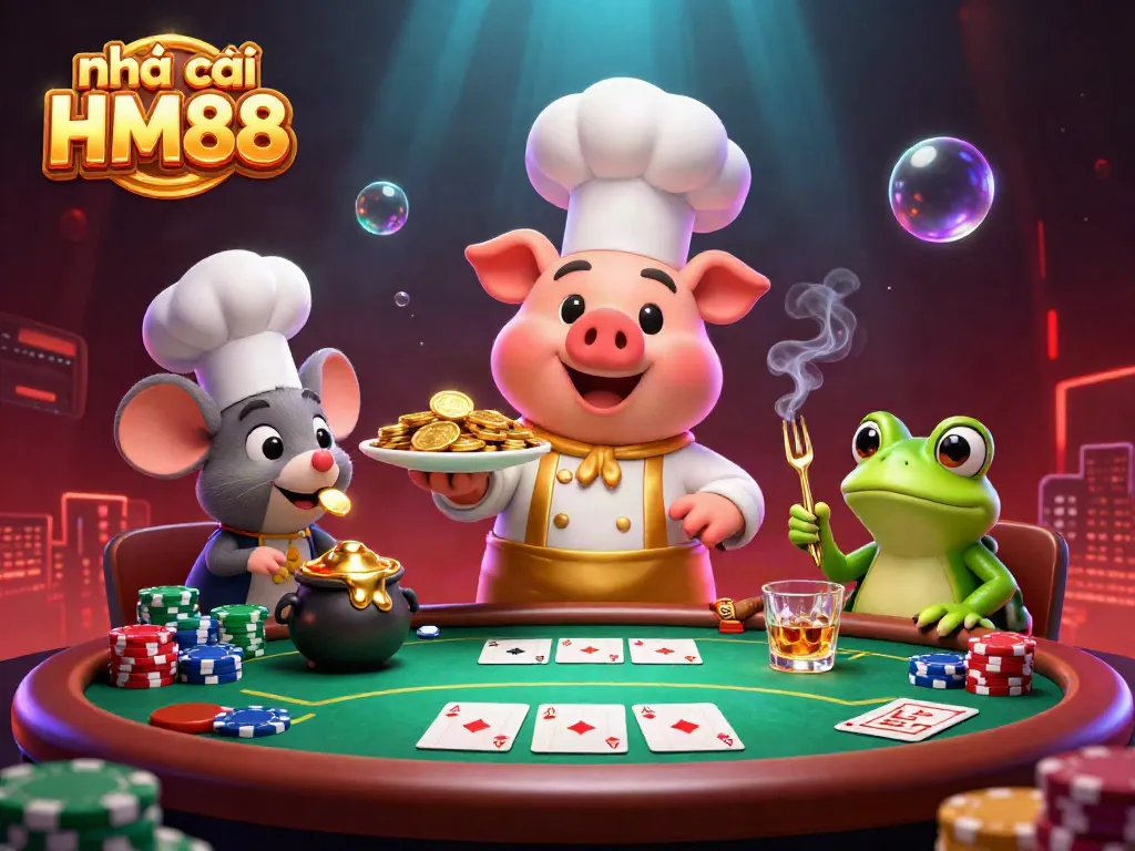 Engage in exciting games at nhà cái HM88 with a vibrant 3D casino scene featuring poker elements.