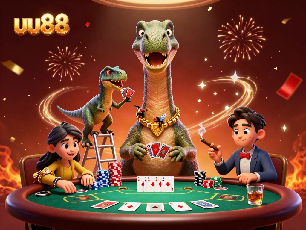 Engage in high-stakes poker with uu88 in a vibrant casino setting featuring animated dinosaurs.