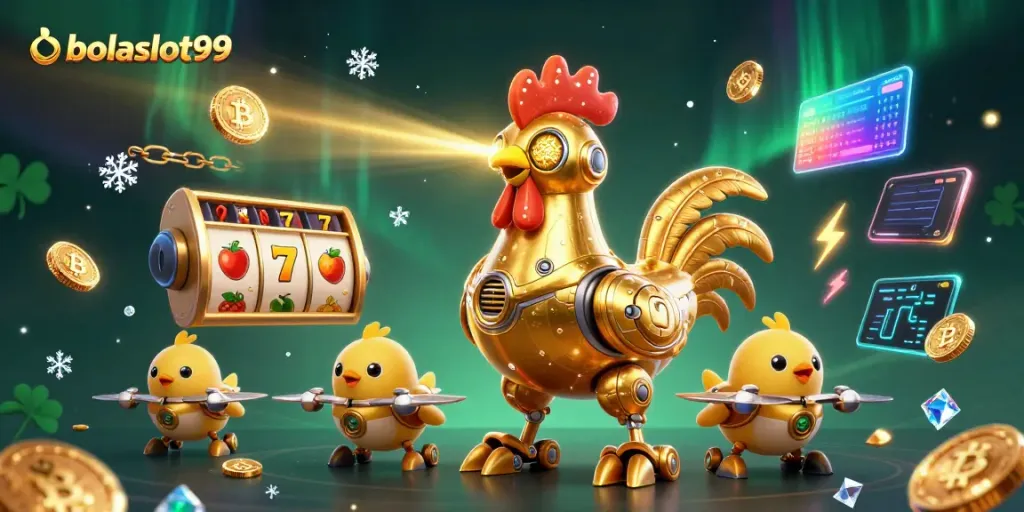 Engage in exciting slots action at bolaslot99, featuring a playful retro-futuristic rooster robot and colorful game elements.