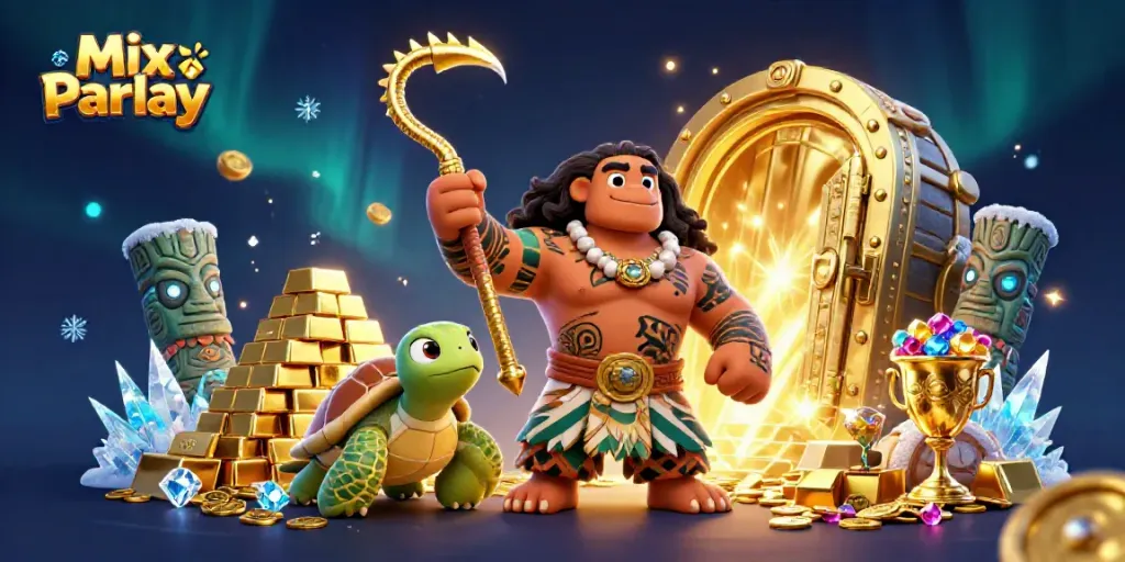 Engage with Mix Parlay betting in a vibrant 3D scene showcasing characters and treasures.