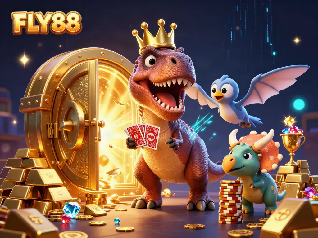 FLY88 immersive casino scene with a T-Rex, pterodactyl, and triceratops engaging in card games and stacking chips.