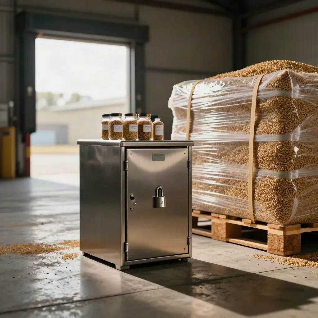 Locked steel cash box, sample jars, and wrapped wheat pallet at a warehouse loading bay.