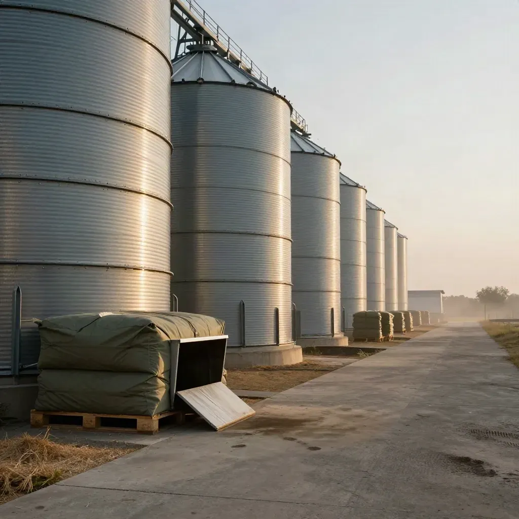 Sealed grain bins, auger pit and tarped pallets in a wheat storage yard at dusk.
