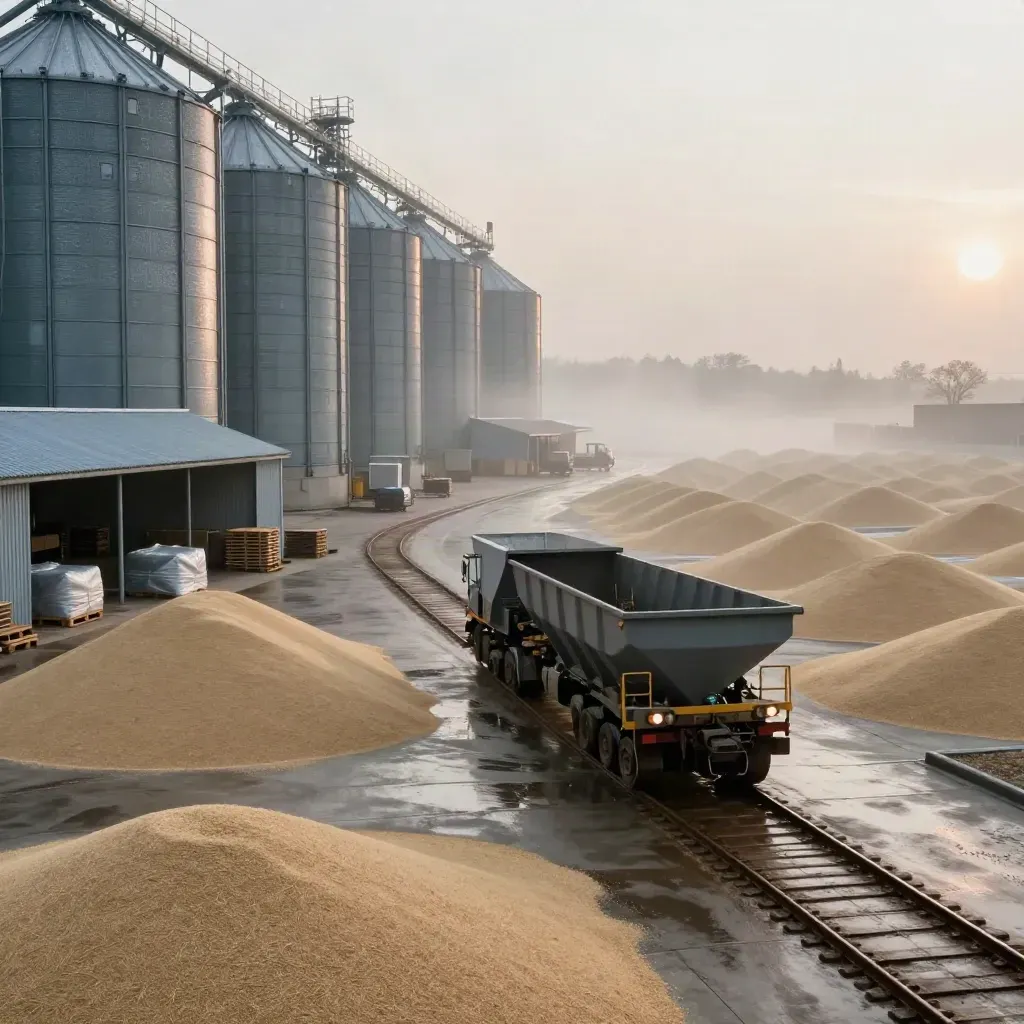 Dawn wheat intake yard with silos, hopper bays, grain piles and a wet truck track in mist.