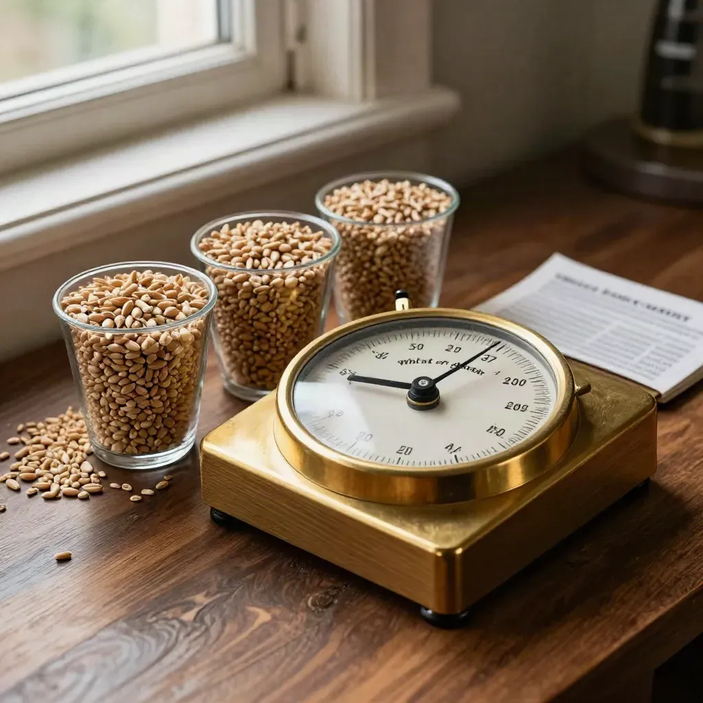 Brass basis dial and sample cups on a walnut grain counter, price tools in motion.
