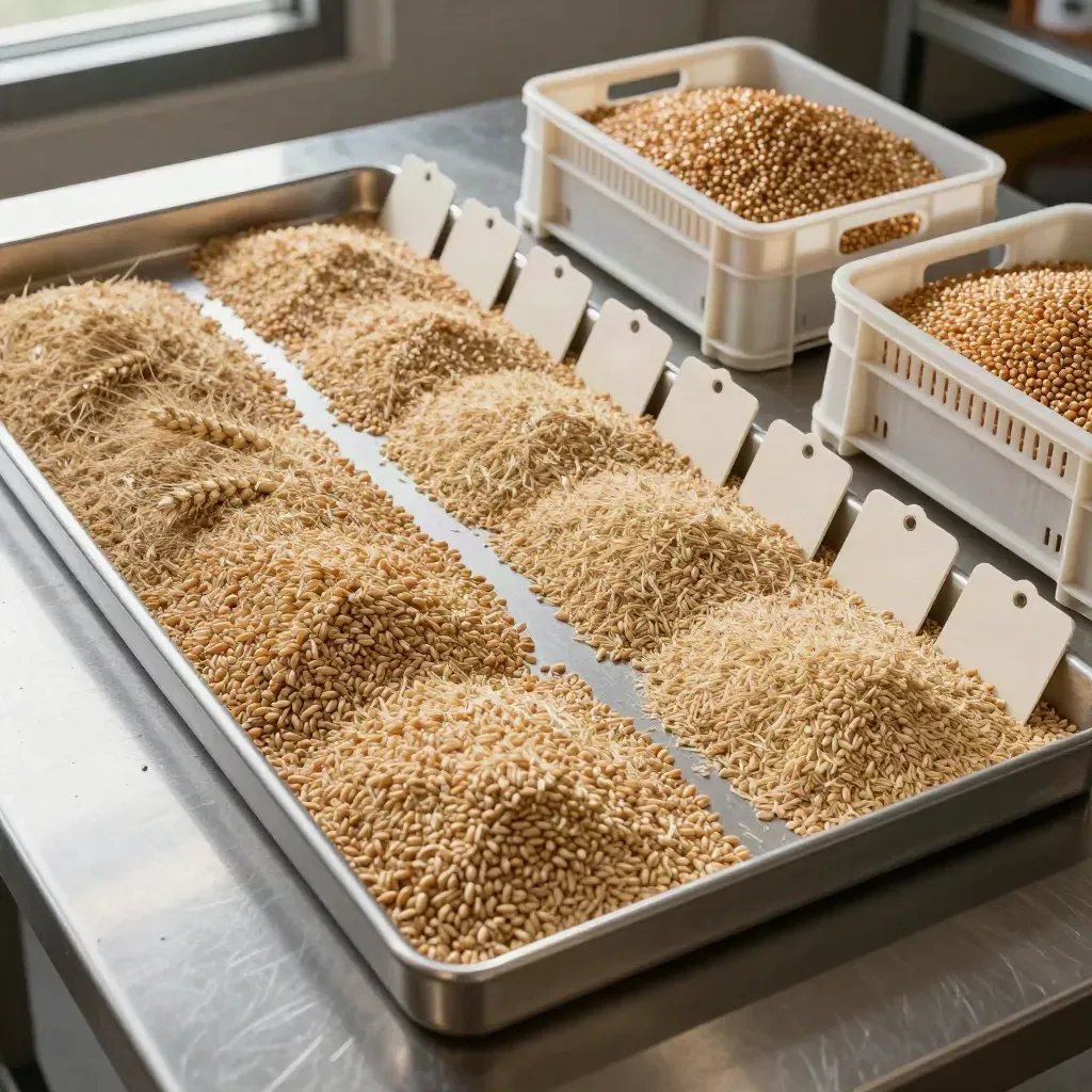 Top-down wheat sample trays, freight tags, and tote crates on a steel table