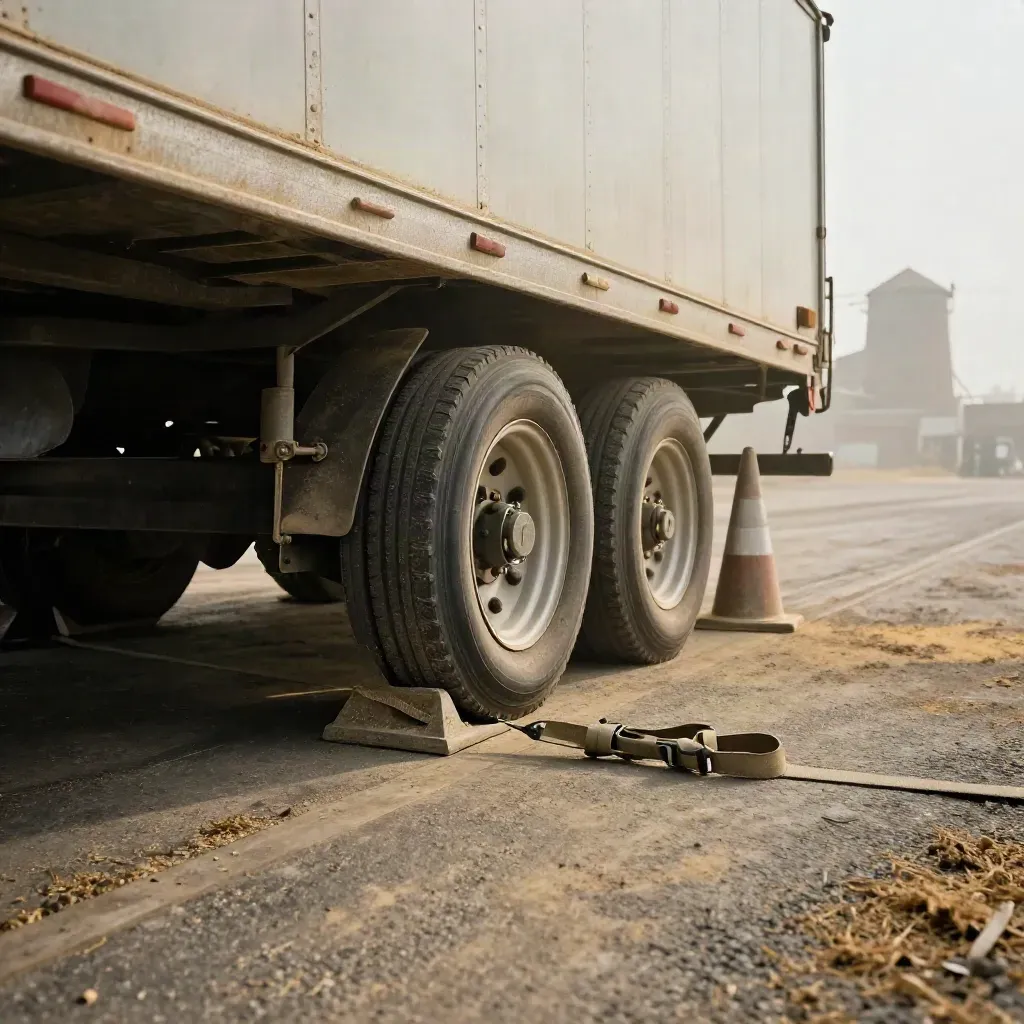 Truck wheel, coupling, chocks, cone and strap waiting at a hazy grain dock.