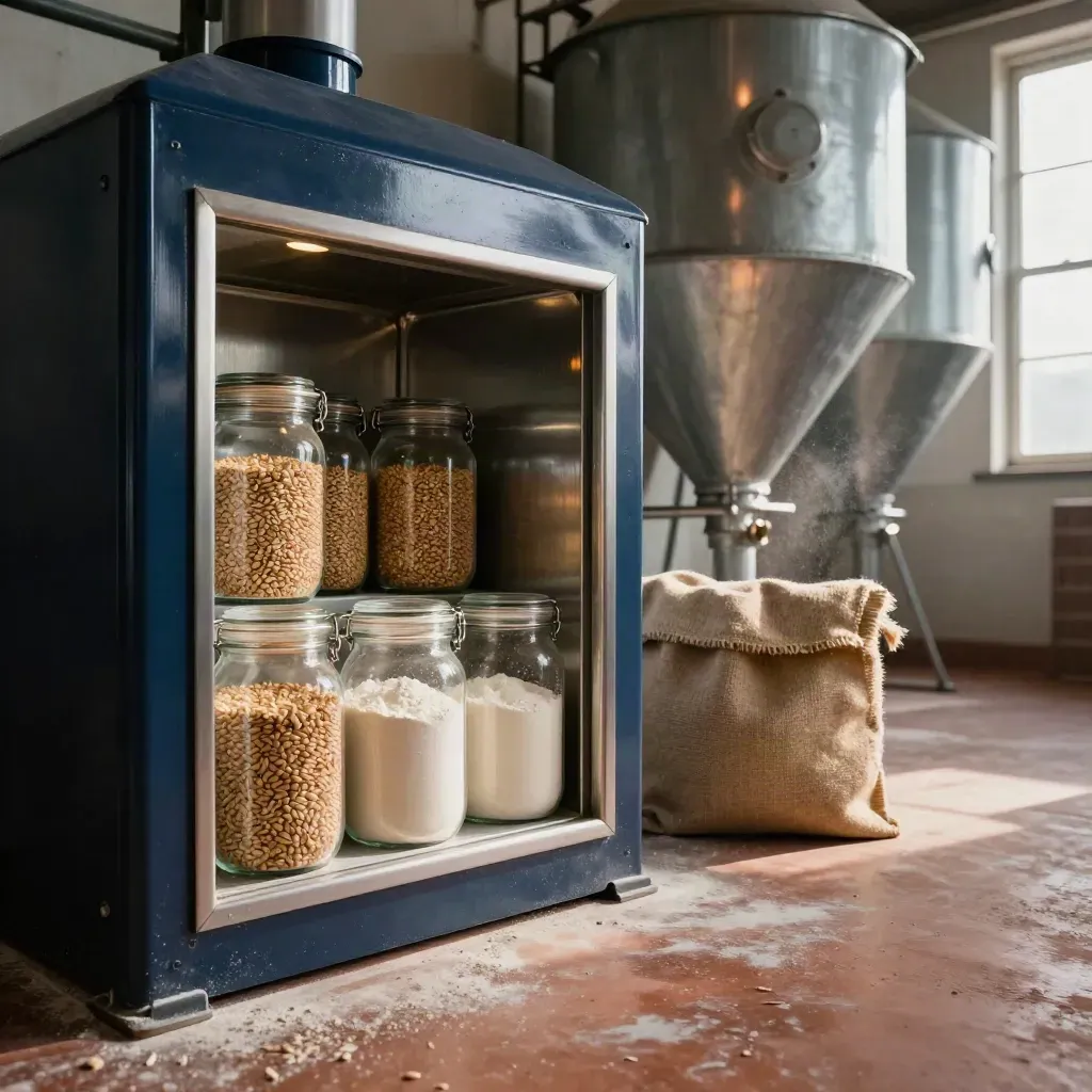 Mill intake gate with sample jars and covered hoppers in warm backlit dust.