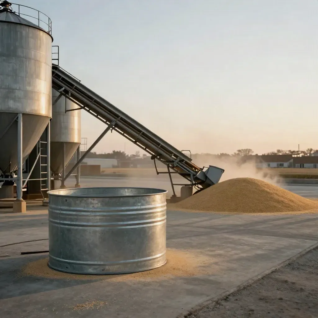 Empty co-op grain yard with one full bin, one emptied bin, and an idle conveyor in warm haze