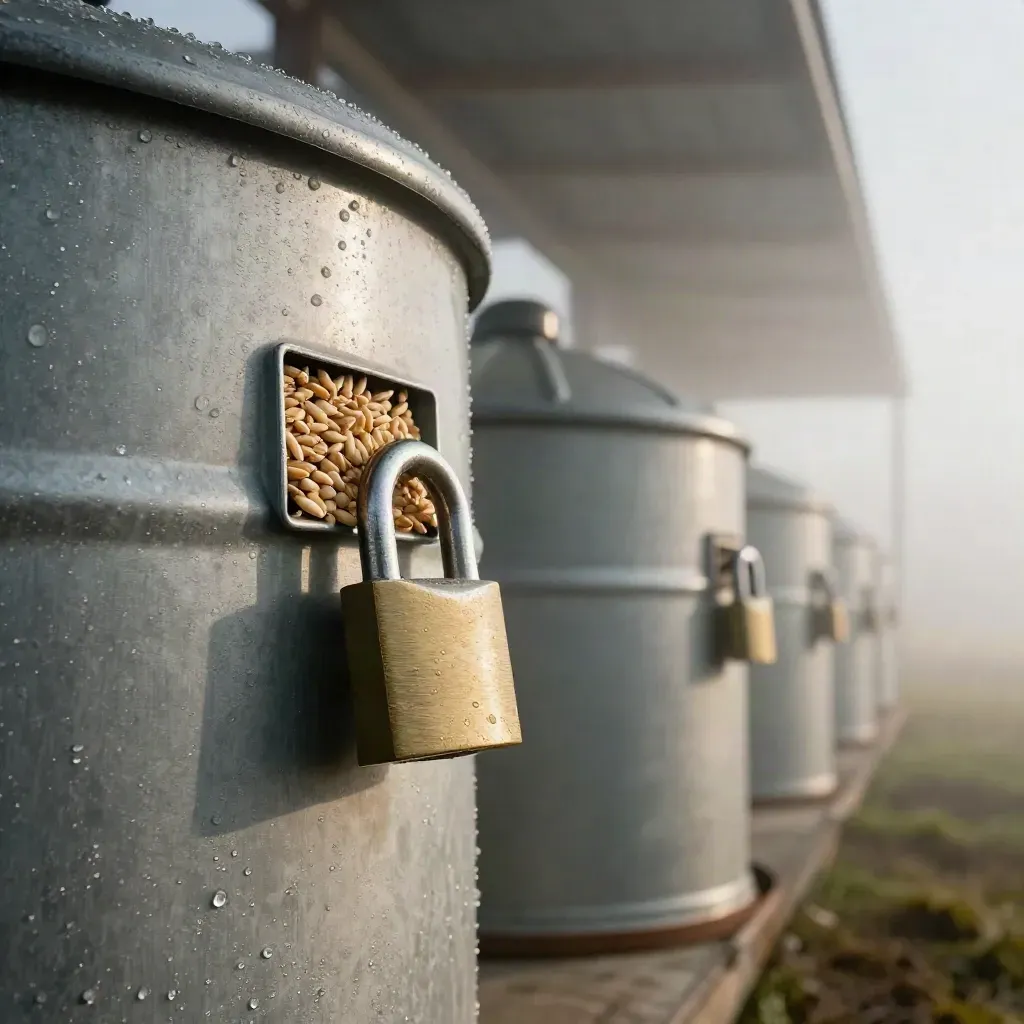 Moist wheat bins, lockbox, and aeration fans in a dawn storage row.