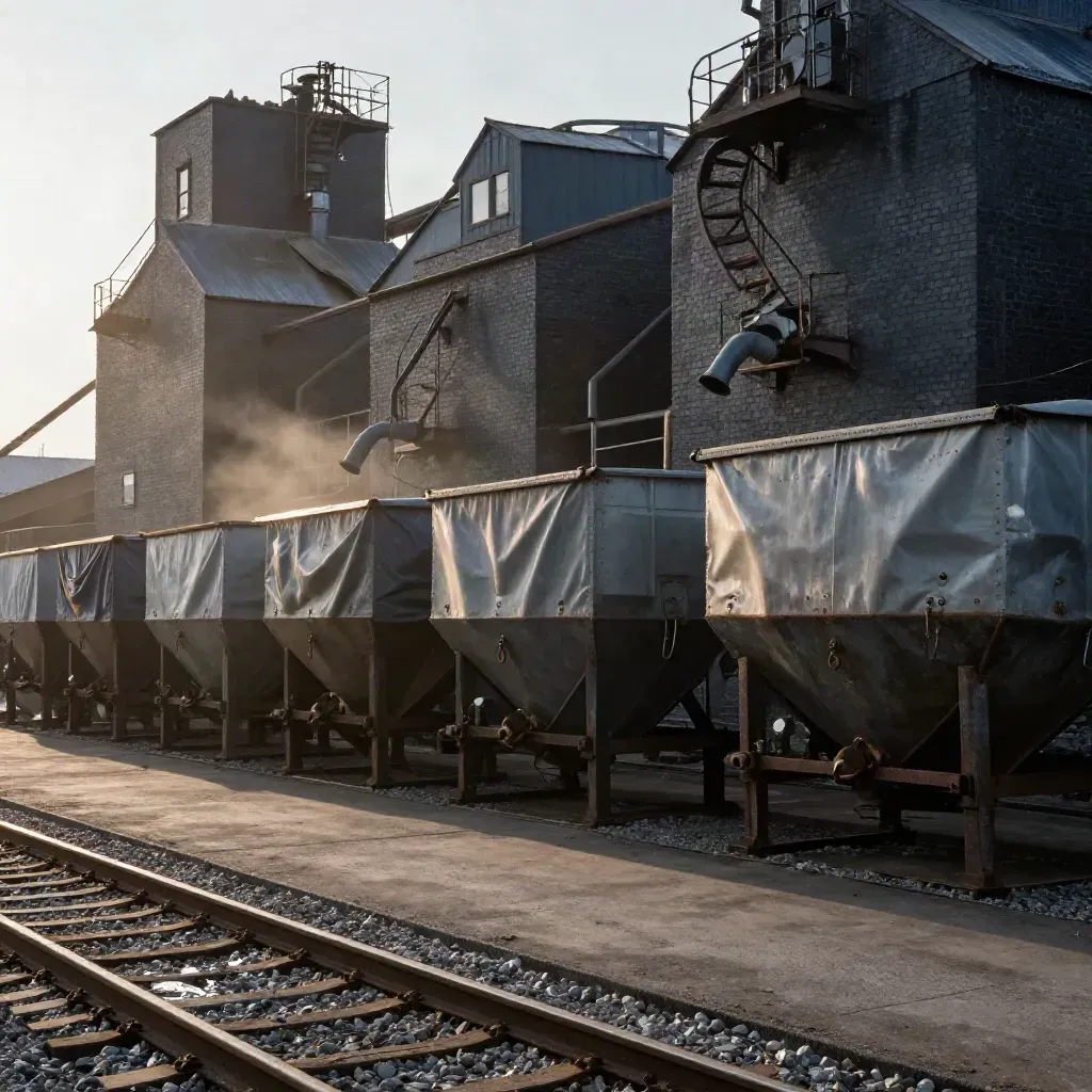 Parked grain hoppers and ready intake line at a flour mill yard in warm haze.